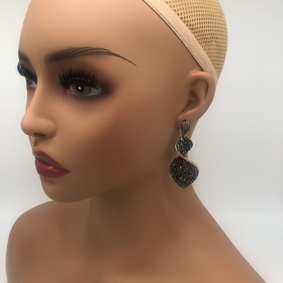 Twist Gold Grey Rhinestone Abstract Earrings Art Deco - Picture 2 of 5